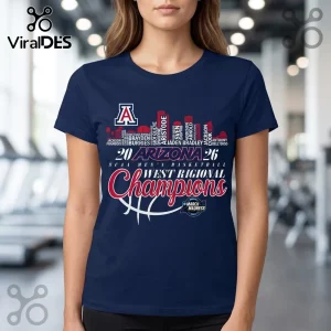 Navy tee: 'Arizona 26 West Regional Champions.' Roster names above. Red and white team colors! March Madness!