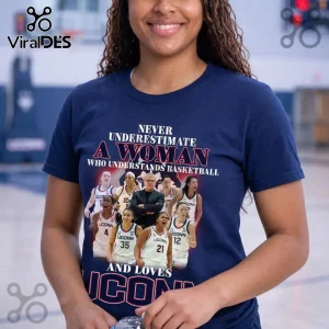 Navy tee with 'Never Underestimate A Woman Who Understands Basketball AND Loves UCONN' graphic!