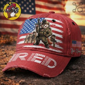 Red hat featuring an American flag, squirrel soldiers, and the text: REMEMBER EVERYONE DEPLOYED RED!