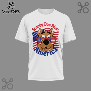 White tee with Scooby Doo graphic. Text: Scooby Doo Bless America. Red white blue glasses & flag print!