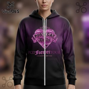 Black hoodie with Pussycat Dolls heart graphic, PCD Forever Tour text in purple ombre style!