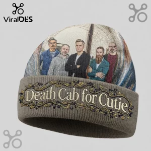 Gray beanie with 'Death Cab for Cutie' text and band image; embroidered style!
