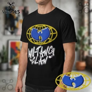 Black tee with Wu-Tang Clan logo in blue and yellow, plus white graffiti text! Streetwear style.!