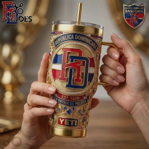 Gold YETI mug with República Dominicana Baseball logo, 'EST 1960' text, red, blue, and white colors!