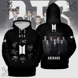 Black BTS hoodie! Features members, logo, & signatures! 'ARIRANG' text! K-pop fashion!