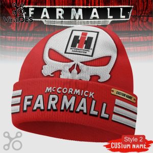 Red beanie hat: Farmall, McCormick text. White skull IH logo. Custom name option!