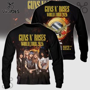 Guns N' Roses World Tour 2026 black long sleeve shirt featuring band member images and tour dates.!