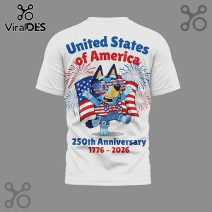 White t-shirt featuring cartoon dog holding USA flag and the text: United States of America, 250th Anniversary 1776-2026.!