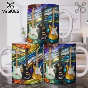 Custom guitar mug! Shows green, black, yellow guitars, and names like James, David, Stella on colorful stain-glass background!
