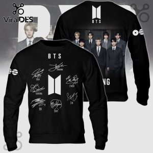 Black BTS sweatshirt with signatures, logo, and group pic! K-Pop fashion for fans!