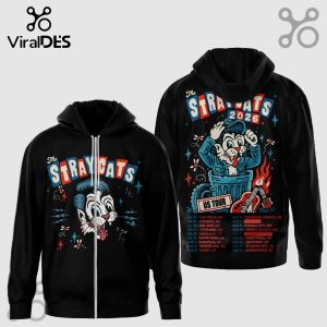 Black hoodie with The Stray Cats 2026 tour dates! Retro cartoon cat and venue list design!