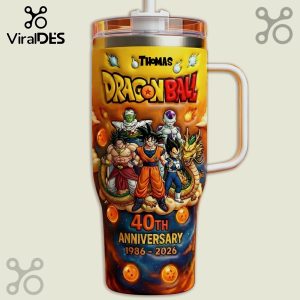 Dragon Ball 40th Anniversary insulated tumbler with straw and handle, featuring Dragon Ball characters and the name 'Thomas'.!