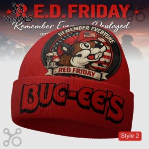 Red beanie: 'BUC-EE'S', 'RED FRIDAY', cartoon beaver with headset, US flag. Military support design!