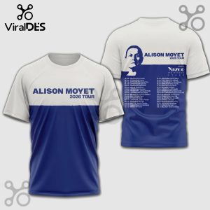 White/blue Alison Moyet 2026 tour tee; Yazoo songs, tour dates, city names listed; Concert merch!