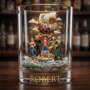 Anime glass featuring One Piece characters, gold text ROBERT, ship model inside, colorful design!