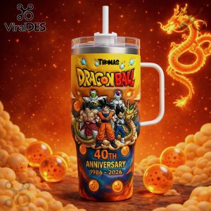 Tumbler featuring Dragon Ball characters, the Dragon Ball logo, 'Thomas' and '40th Anniversary 1986-2026'.!