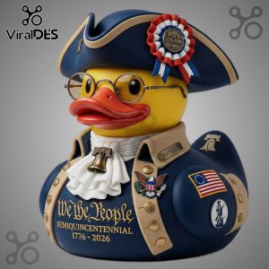 Rubber duck dressed in patriotic attire, including a tricorn hat, glasses, and clothing with American symbols.!