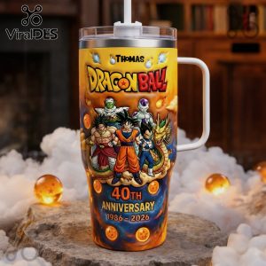 Tumbler with Dragon Ball characters, 'Thomas', and '40th Anniversary 1986-2026' text.!