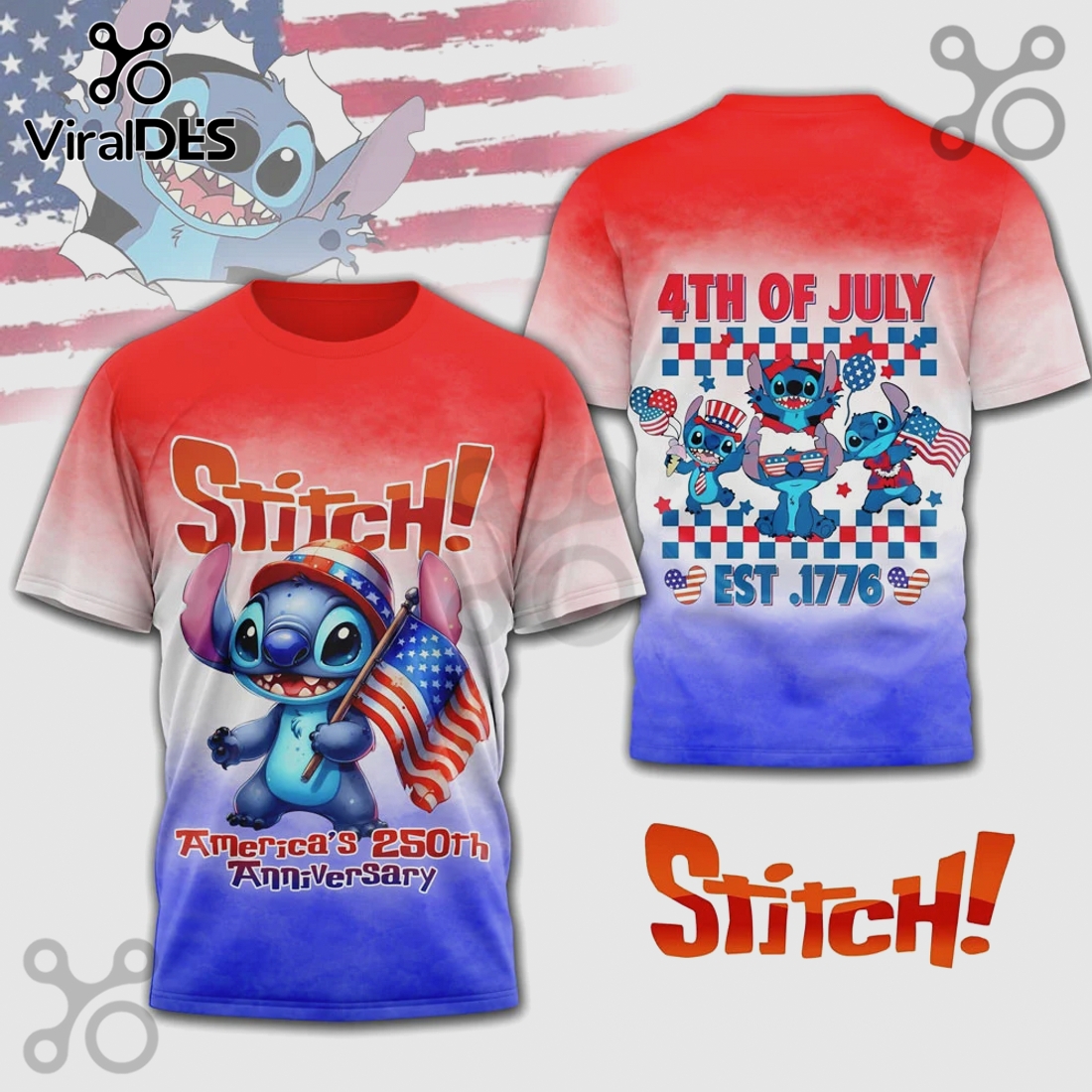 Stitch 4th of July America’s 250th Anniversary 3D Graphic T-Shirt Stitch 4th of July America’s 250th Anniversary 3D Graphic T-Shirt