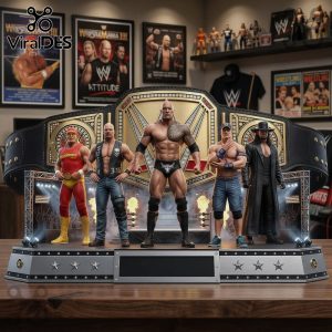 Wrestling figurine w/Hulk Hogan, Stone Cold, The Rock, John Cena, Undertaker! Gold belt, stars! 