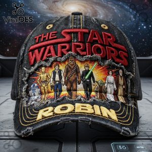 Black denim hat with 'The Star Warriors' in red, Star Wars characters and 'Robin' in gold embroidery!