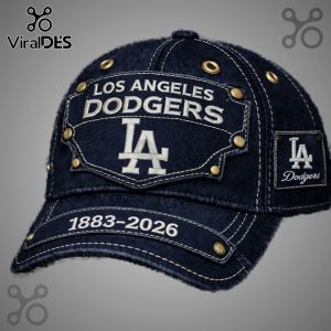 Denim LA Dodgers cap with 'Los Angeles Dodgers' text, the LA logo, and '1883-2026'.!
