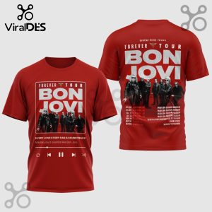 Red Bon Jovi Forever Tour tee! Concert dates, retro font, and band photo pop!