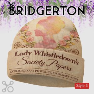 Beige Bridgerton beanie with Lady Whistledown's Society Papers text and floral design!