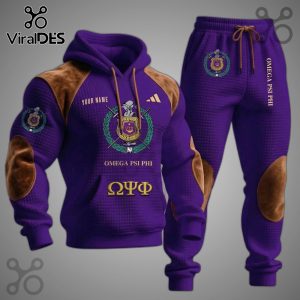 Purple hoodie and pants set with Omega Psi Phi crests, lettering, and brown shoulder/elbow patches.!