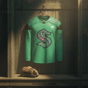 Green hockey jersey with large floral 'S' logo, pink anchors on shoulders, numbers 2 and 3 on sleeves! Fanatics and NHL logos present!
