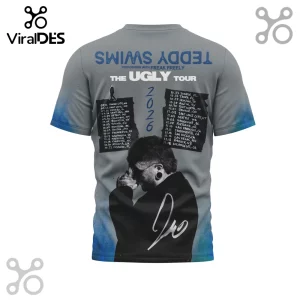 Grey tour t-shirt with blue fade sleeves. Back says Teddy Swims The Ugly Tour 2026 with US and Canada tour dates and signature!