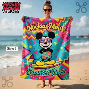 Mickey Mouse beach towel with 'Summer Vibes' text! Retro 90s style with bright pink, teal, and yellow geometric patterns!