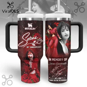 Red and black Selena 30th Anniversary tumbler with roses! Text reads In Memory of Selena Quintanilla 1971-1995!