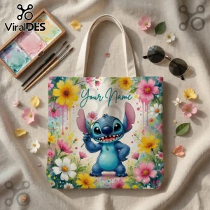 Disney Stitch Tropical Floral Personalized Tote Bag
