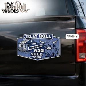 A blue magnet with the text Jelly Roll The Little Ass Shed Tour featuring a cartoon emo Highland cow and a rustic shed!