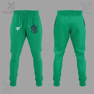Bright green athletic joggers with a small white F logo and a colorful floral Kraken S logo on the front!