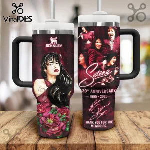 Selena Quintanilla 30th Anniversary tumbler in maroon and red with text 'Thank you for the memories' and floral rose accents!