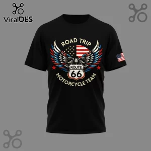 Black t-shirt with Route 66 shield, red white and blue wings, and American flag graphic! Text says Road Trip Motorcycle Team!