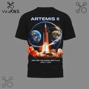 Black t-shirt with Artemis II rocket launch design showing Earth and Moon! Text says 