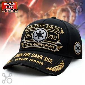 Black embroidered cap, gold and silver Galactic Empire 50th Anniversary 1977-2027 with Imperial Cog, Join The Dark Side YOUR NAME!