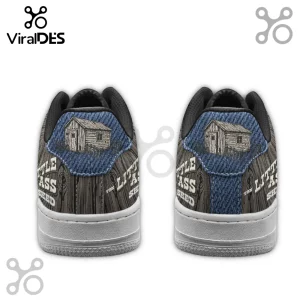 Rustic sneakers with brown wood grain, blue denim heel, and text 'The Little Ass Shed' in white western font!