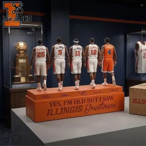 Diorama of Illinois basketball players in orange and white jerseys with text 'Yes, I'm Old But I Saw Illinois Greatness'!