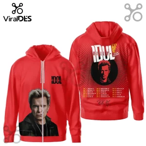 Red Billy Idol zip hoodie with front portrait and back tour graphic reading 