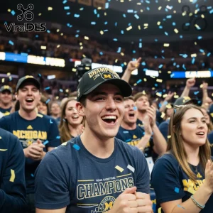 Dark blue collegiate fan t-shirt with yellow NCAA BASKETBALL CHAMPIONS MICHIGAN text, M logo, plus black cap!