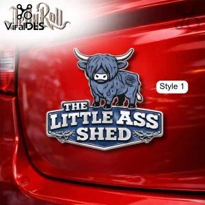 Blue Highland cow sticker with rose tattoo! Sign reads 'The Little Ass Shed' in white on blue with a silver border!