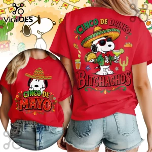 Red t-shirt with cartoon beagle in sombrero! Front says 'CINCO DE MAYO', back says 'CINCO DE DRINKO BITCHACHOS'!