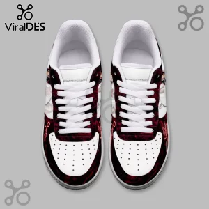 White sneakers with maroon marble accents featuring a brown-haired anime girl character print and a red signature design!