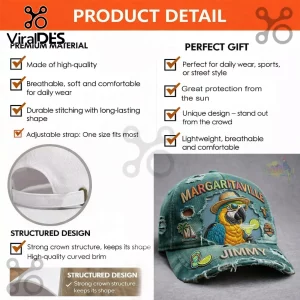 Green distressed baseball cap with embroidered parrot in sunglasses and hat! Text says Margaritaville and Jimmy with tropical patches!