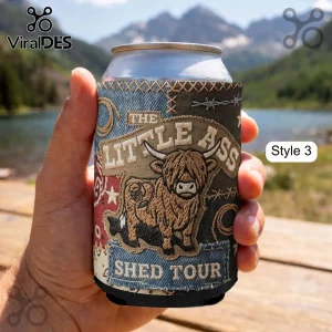 Embroidered patch style can koozie with a Highland cow and text The Little Ass Shed Tour on denim and burlap patches!
