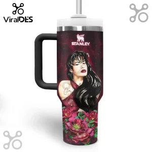 Watercolor portrait of Selena Quintanilla with red roses on a burgundy insulated tumbler with a handle and Stanley logo!